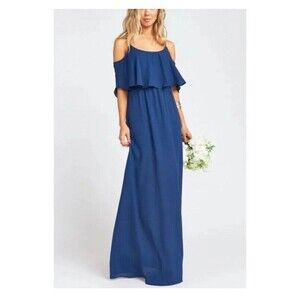 Show Me Your Mumu Dress Sz Small Womens Navy Blue Caitlin Ruffle Maxi Bridesmaid